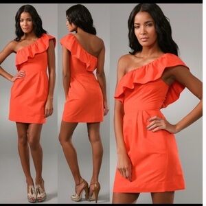 Rebecca Taylor Orange One Shoulder  Ruffle Sleeve Dress Women Size 4 Wedding